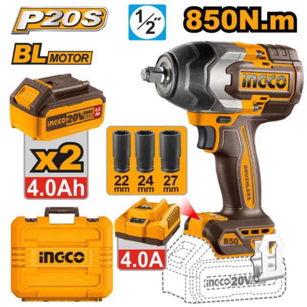 Clé à chocs sans fil INGCO 20V 850Nm brushless avec batteries pour serrage et desserrage intensif