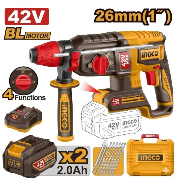 Marteau perforateur sans fil INGCO 42V SDS Plus pour perçage béton et travaux professionnels