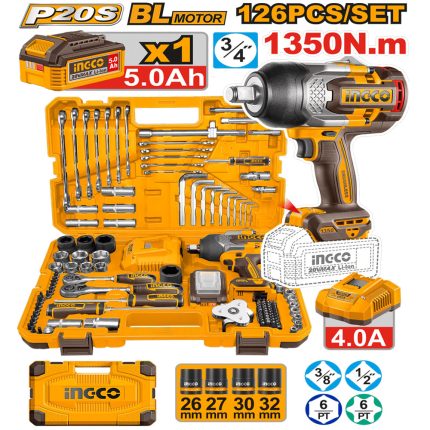 INGCO P20S 1350nm 126 Pcs Cordless Impact Wrench Tools Set , HKTHP31261