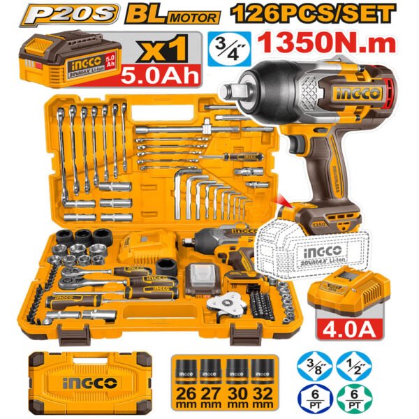 INGCO P20S 1350nm 126 Pcs Cordless Impact Wrench Tools Set , HKTHP31261