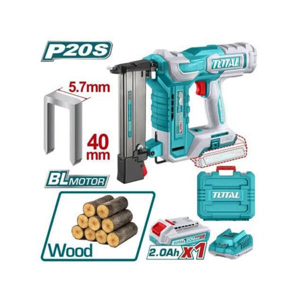 Agrafeuse‑cloueuse sans fil 20V TCSNLI6008 avec batterie 2Ah, capacité magazine 100 agrafes et design ergonomique pour fixation rapide et précise.