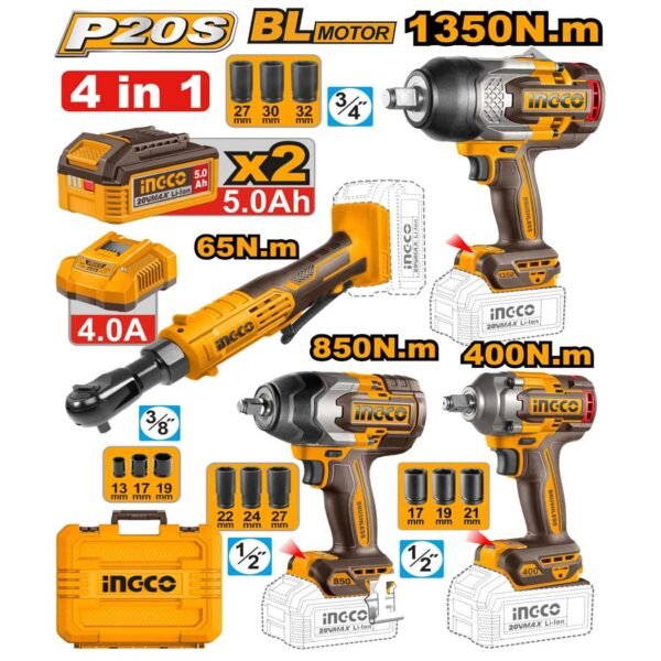 KIT COMBO SANS FIL 4 PIÈCES CLE A CHOC INGCO COSLI250783