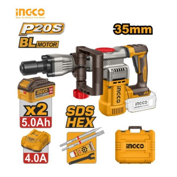 Marteau de démolition sans fil INGCO CDBLI203582 20V avec batteries et coffret.