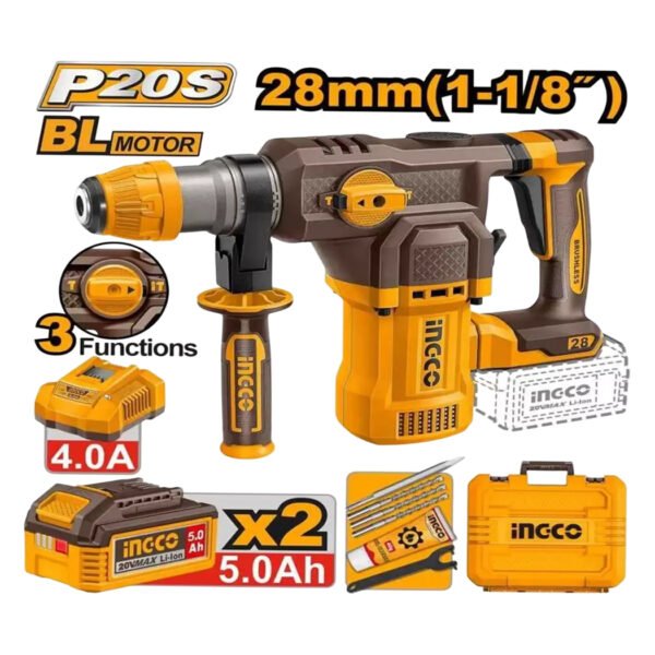 Marteau perforateur sans fil INGCO CRHLI202862 avec batteries, forets SDS‑Plus et poignée auxiliaire.