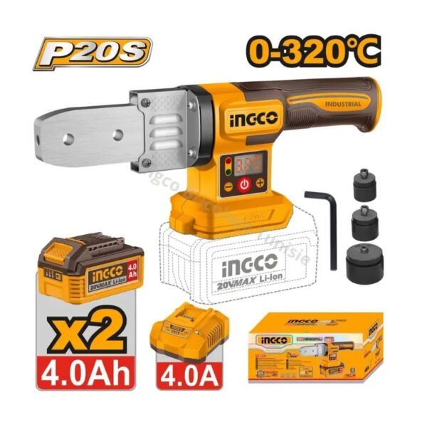 Outil de soudage tubes plastiques INGCO 20V PTWTLI20182 avec 3 têtes et batterie.