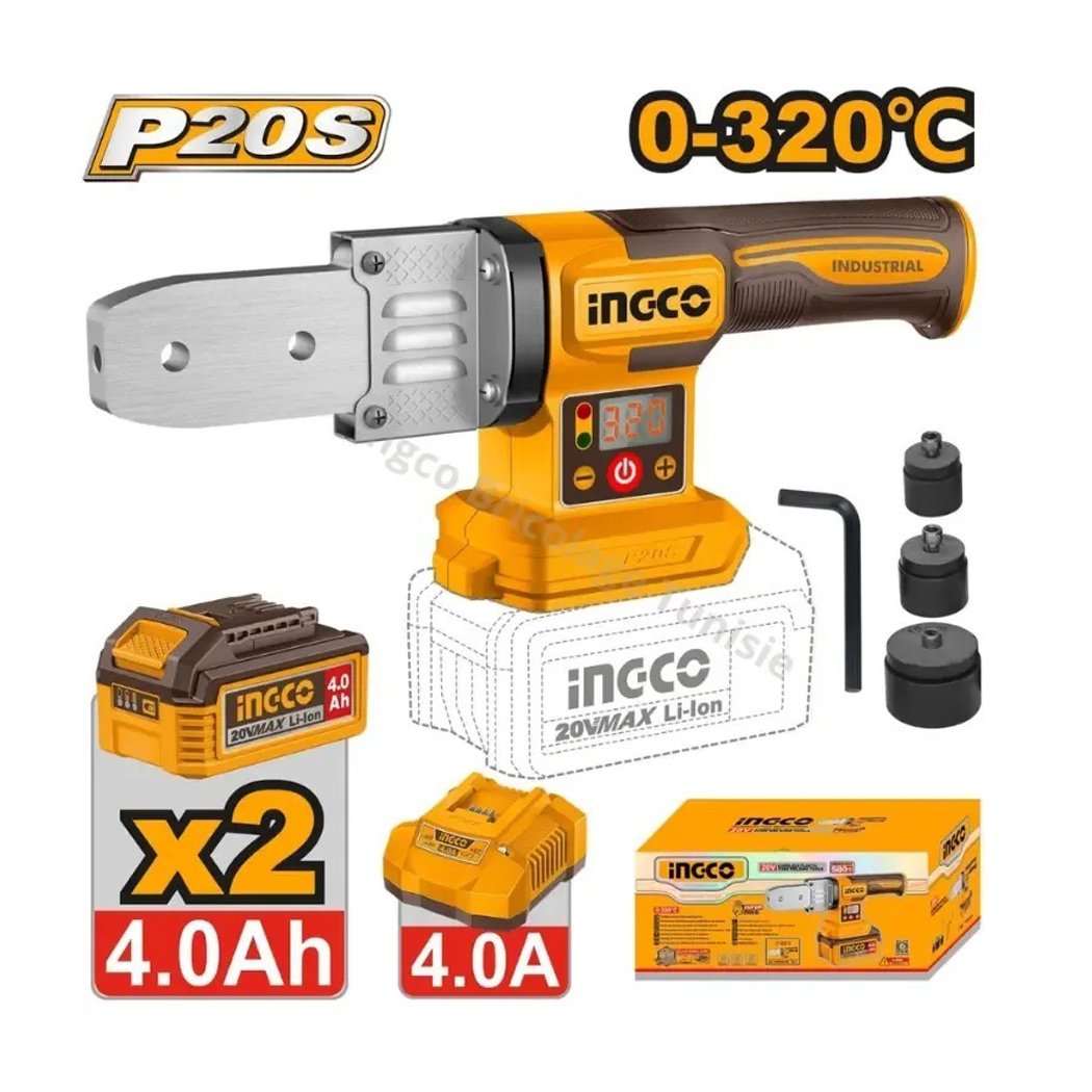 Outil-de-soudage-de-tubes-plastiques-INGCO-20V-PTWTLI20182 Outil de soudage tubes plastiques INGCO 20V PTWTLI20182 avec 3 têtes et batterie.