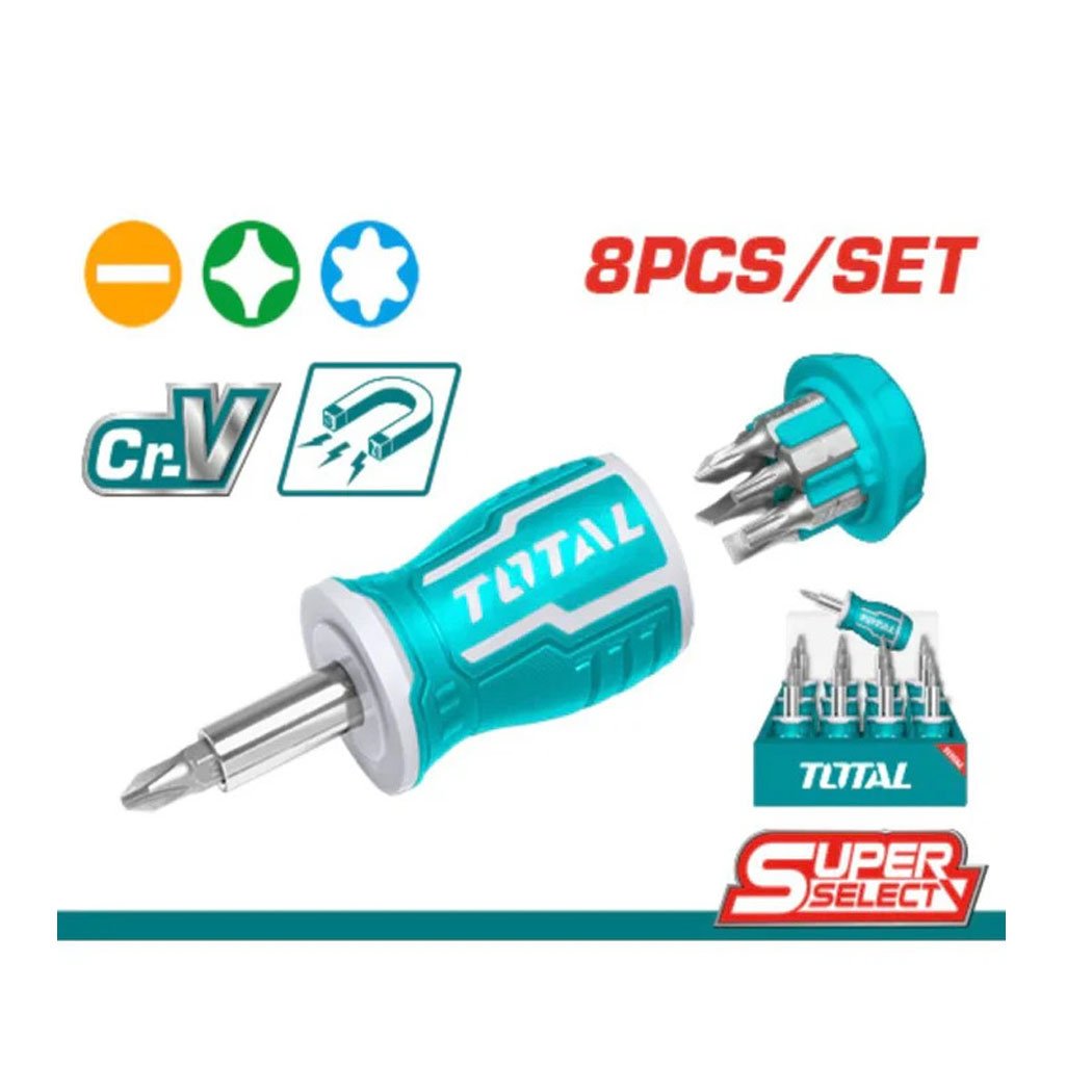 Tournevis multifonction 8 en 1 TOTAL TACSDS0706 Tournevis compact TOTAL TACSDS0706 8 en 1 avec embouts interchangeables en acier chrome vanadium.