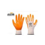 Gants de travail JUSTER orange antidérapants avec revêtement latex pour protection et manutention.