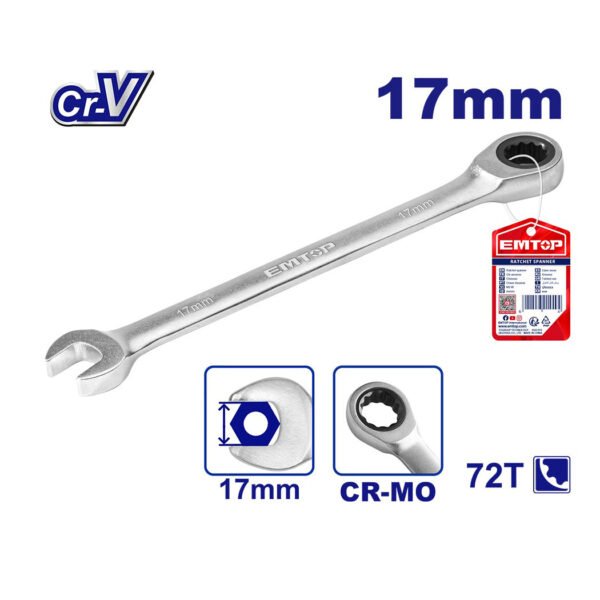 Clé mixte à cliquet EMTOP 17 mm en acier chrome vanadium pour usage professionnel