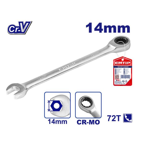 Clé mixte à cliquet EMTOP 14 mm en acier chrome vanadium avec finition chromée