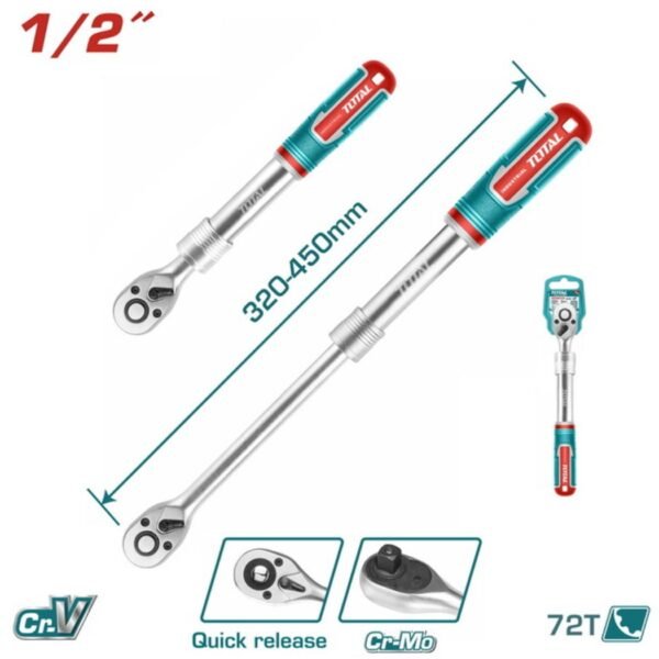 Cliquet extensible 1/2" TOTAL THT106128L avec manche réglable 320-450 mm et mécanisme 72 dents pour mécanique automobile
