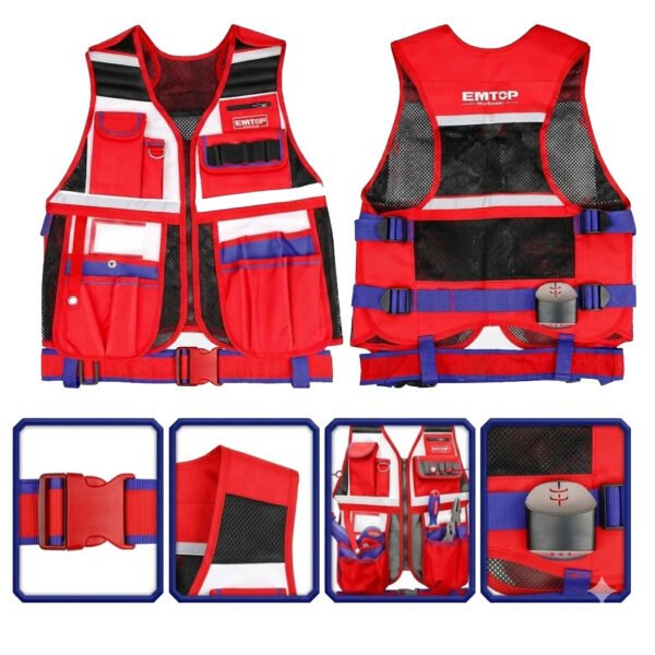 Gilet à outils EMTOP ETVT1701 avec multiples poches renforcées pour rangement pratique des outils sur chantier