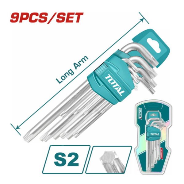 Jeu de 9 clés Torx longues TOTAL THT106392 en acier S2 avec support de rangement pour travaux mécaniques et industriels