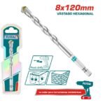 Mèche à béton TOTAL 8x120 mm avec pointe en carbure pour perçage béton et brique