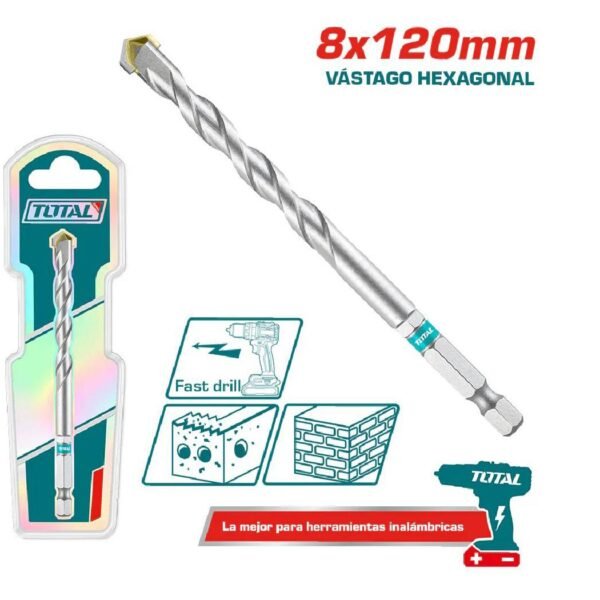 Mèche à béton TOTAL 8x120 mm avec pointe en carbure pour perçage béton et brique