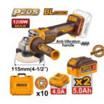 Meuleuse d’angle sans fil INGCO 20V 1200W avec deux batteries 5Ah pour coupe et meulage du métal et de la pierre