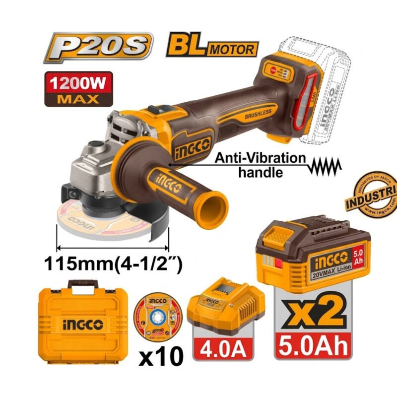 Meuleuse d’angle sans fil INGCO 20V 1200W avec deux batteries 5Ah pour coupe et meulage du métal et de la pierre
