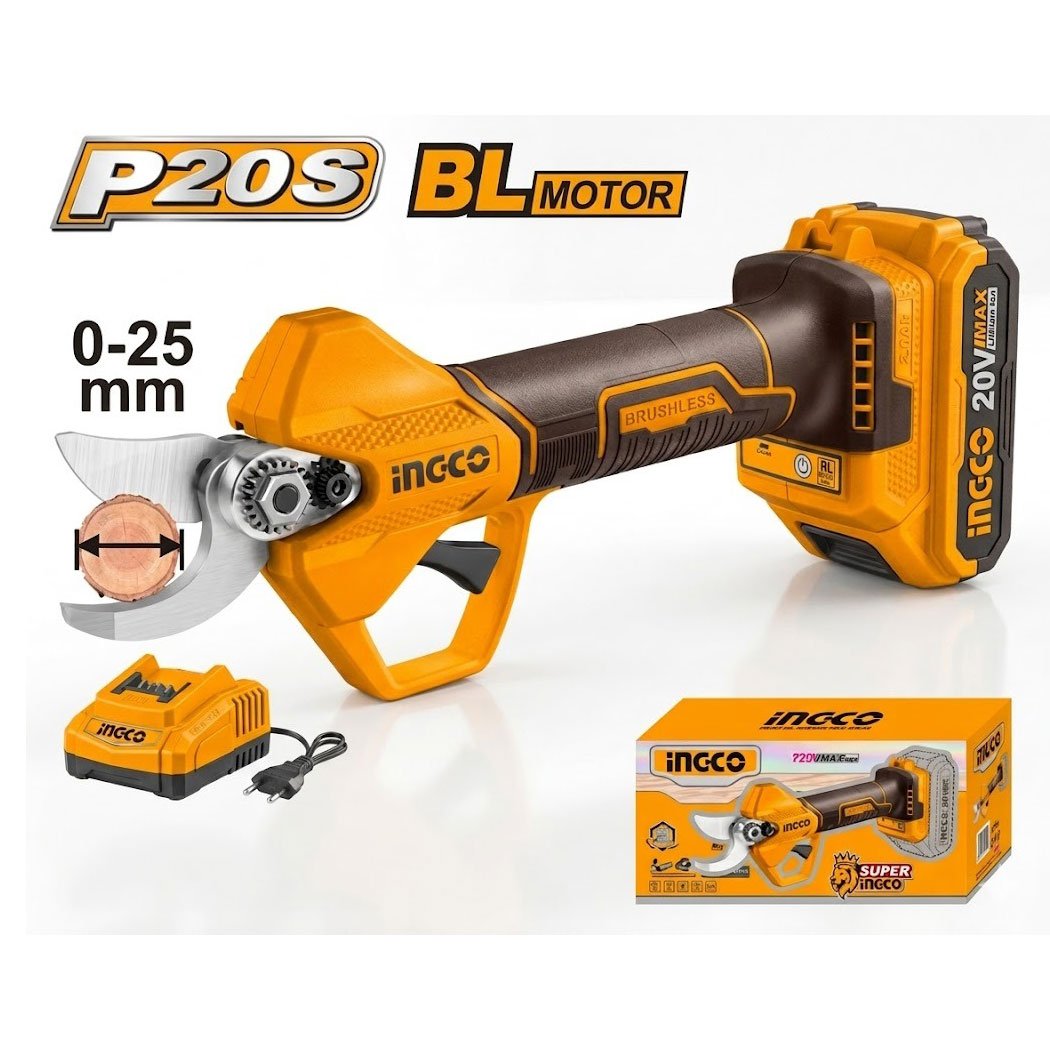 secateur-sans-fil-ingco-20v-25mm Sécateur électrique INGCO 20V capacité 25 mm : outil de coupe puissant et précis pour jardinage, taille d’arbres et entretien des plantes.