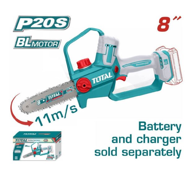 Tronçonneuse sans fil TOTAL 8 pouces 20V avec moteur brushless pour coupe de bois et élagage des arbres
