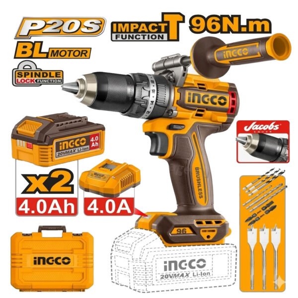 Visseuse à percussion sans fil INGCO 20V 96Nm brushless avec deux batteries pour perçage et vissage intensif