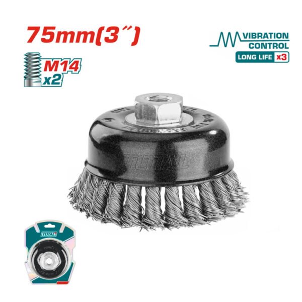 Brosse métallique 75 mm TAC32035 Total avec fil torsadé 0,5 mm pour décapage et nettoyage des surfaces métalliques