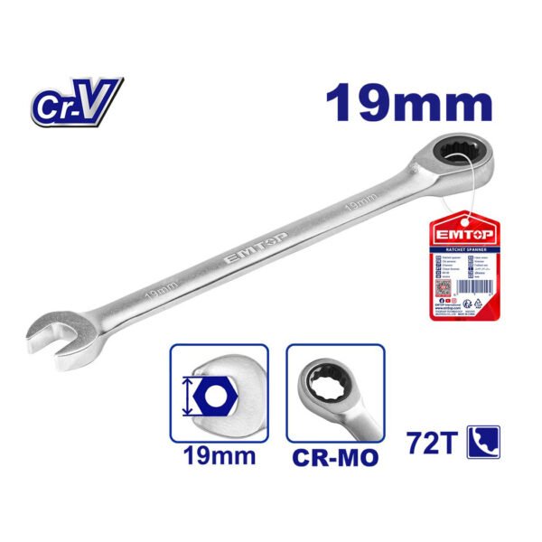 Clé mixte à cliquet EMTOP 19 mm en acier chrome vanadium pour usage professionnel