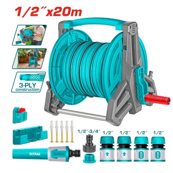 Enrouleur de tuyau d’arrosage TOTAL avec accessoires pour jardin et arrosage THHR20124