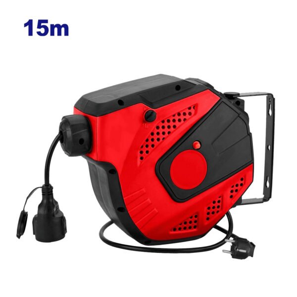 Enrouleur de câble électrique EMTOP 220V 15 mètres avec boîtier robuste et prises multiples pour usage professionnel et domestique