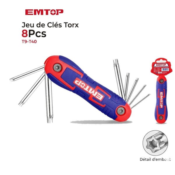 Jeu de clés Torx EMTOP 8 pièces T9 à T40 EHKY4083 en acier résistant pour travaux de mécanique et maintenance professionnelle