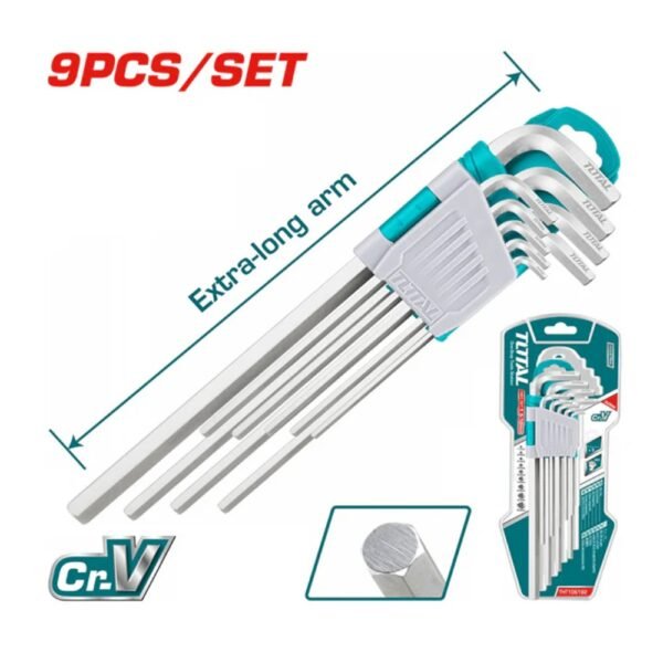 Jeu de clés Allen TOTAL THT106192 composé de 9 pièces en acier Cr-V avec bras long pour serrage et desserrage de vis six pans