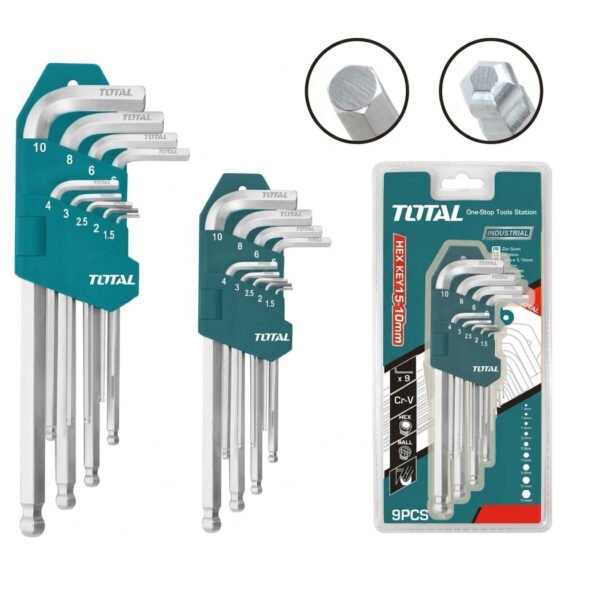 Jeu de 9 clés Allen 6 pans tête sphérique TOTAL THT106292 en acier S2 pour vissage précis et accès difficile