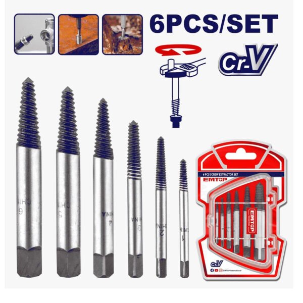 Kit extracteurs de vis EMTOP 6 pièces pour retirer vis cassées ou abîmées facilement