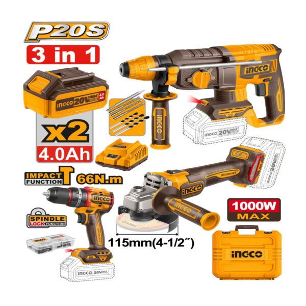Pack outils INGCO 20V : visseuse, meuleuse et marteau pour bricolage et travaux