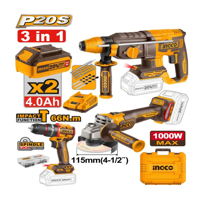 Pack outils INGCO 20V : visseuse, meuleuse et marteau pour bricolage et travaux