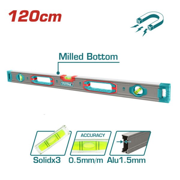 Niveau à bulle magnétique TOTAL 120 cm TMT212028M en aluminium haute précision pour chantier