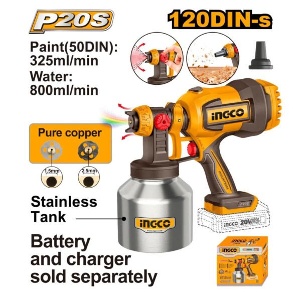 pistolet de peinture sans fil INGCO 20V lithium CSGLI20041 avec accessoires pulvérisation peinture mur meuble