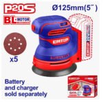 Ponceuse excentrique sans fil EMTOP ELROS2002 20V 125 mm pour ponçage du bois et surfaces