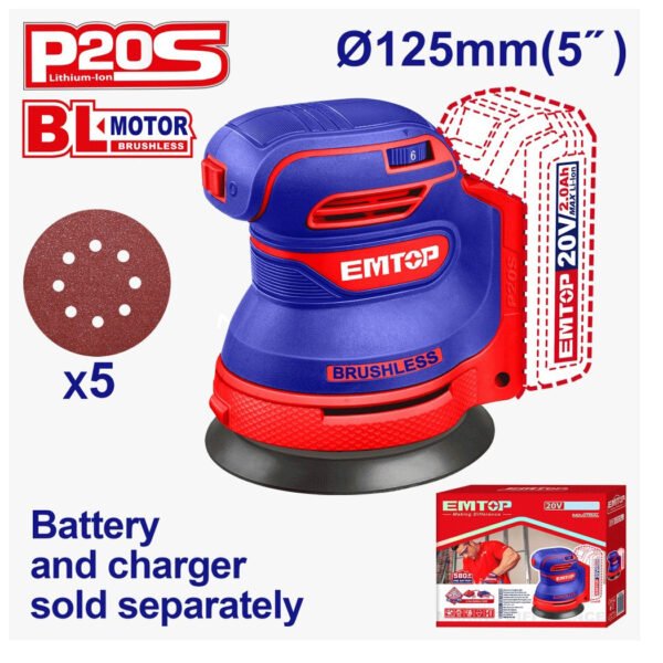 Ponceuse excentrique sans fil EMTOP ELROS2002 20V 125 mm pour ponçage du bois et surfaces