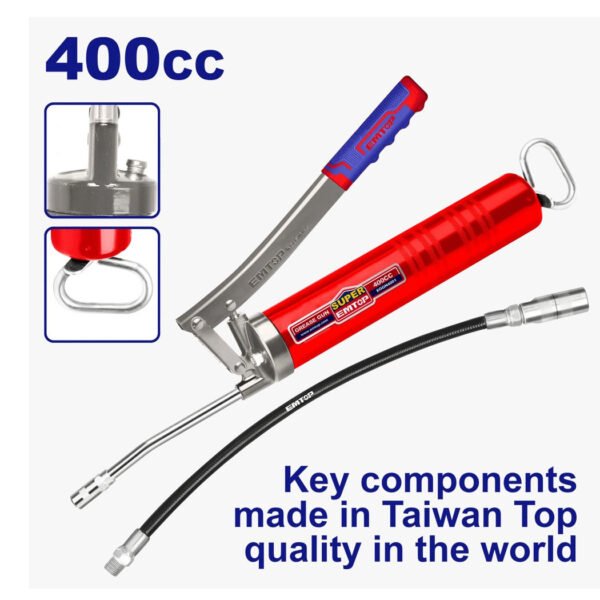 Pompe à graisse manuelle EMTOP 400ML modèle EGGN4001 utilisée pour lubrification de machines et véhicules