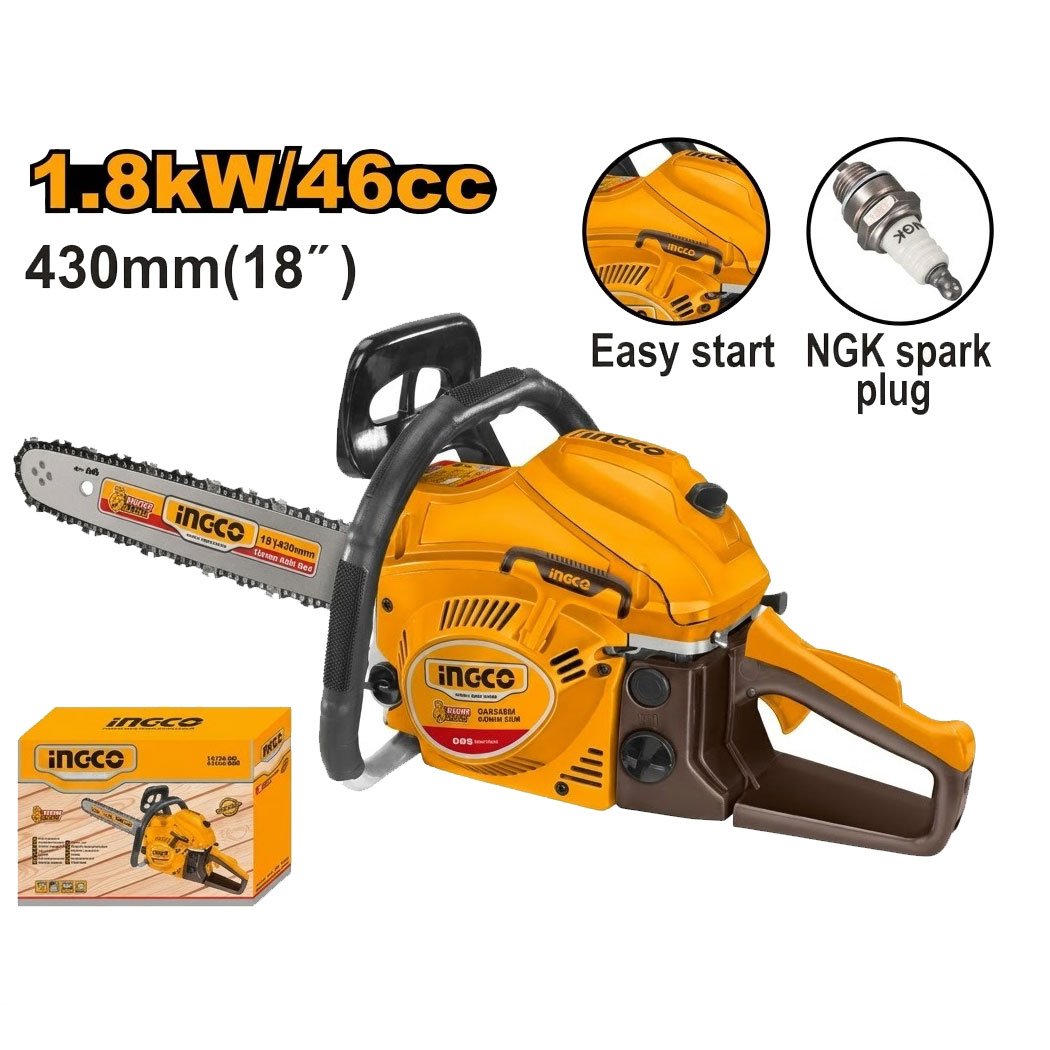Tronçonneuse à essence 46cc INGCO GCS5451811 guide 18 pouces haute performance Tronçonneuse à essence INGCO 46cc modèle GCS5451811 avec guide 18 pouces pour coupe de bois