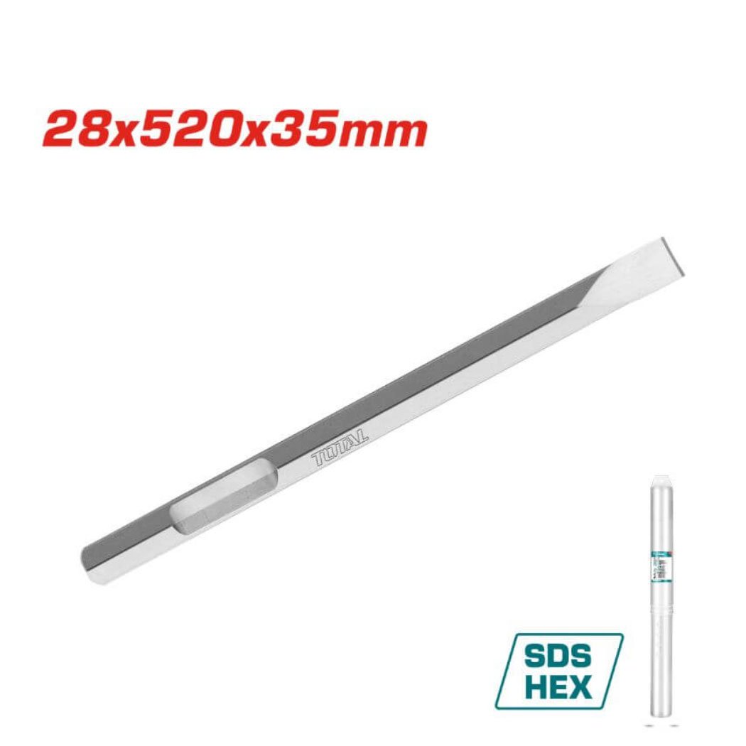 Burin hexagonal plat 28 × 520 mm TAC153428112 – Outil de démolition lourd pour béton Burin plat hexagonal 28x520 mm en acier pour marteau-piqueur, utilisé pour casser béton et matériaux durs.
