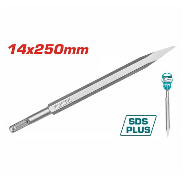 Burin pointu SDS Plus 14x250 mm en acier pour perforateur, utilisé pour casser béton et pierre.