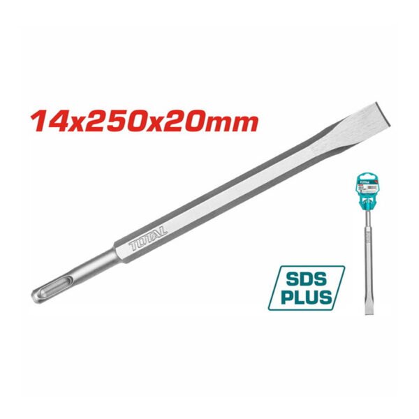 Burin plat SDS Plus 14x250 mm en acier pour perforateur, outil de démolition béton et carrelage.