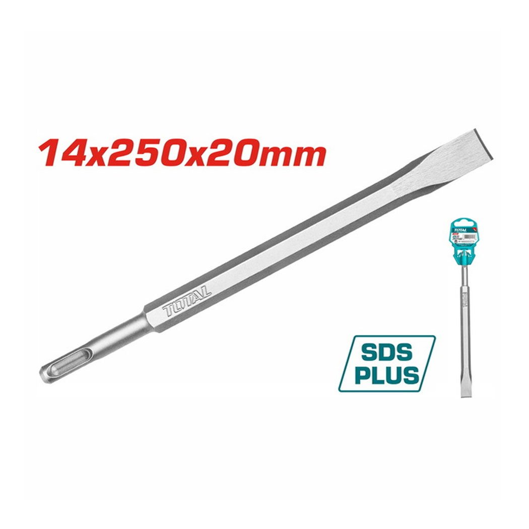 Burin SDS Plus plat 14 × 250 mm TAC15121411 – Outil de démolition pour perforateur Burin plat SDS Plus 14x250 mm en acier pour perforateur, outil de démolition béton et carrelage.