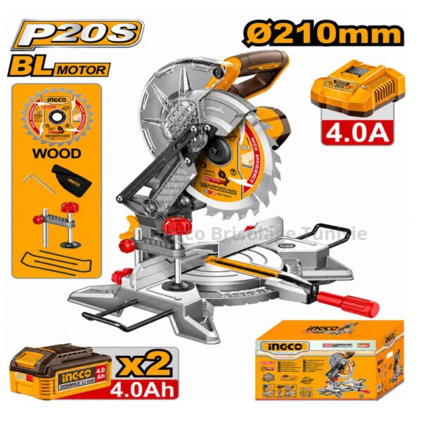 Scie à onglets sans fil INGCO 20V modèle CMSLI20212 pour coupes précises du bois et travaux de menuiserie.