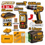 Kit combiné sans fil INGCO COSLI251001 20V avec perceuse à percussion brushless, niveau laser vert et télémètre laser professionnel.