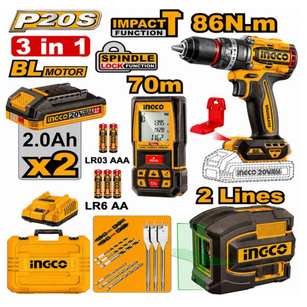 Kit combiné sans fil INGCO COSLI251001 20V avec perceuse à percussion brushless, niveau laser vert et télémètre laser professionnel.
