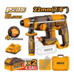 Marteau perforateur sans fil INGCO CRHLI212282 20V 22mm avec 4 modes de fonctionnement et système SDS-Plus pour béton et maçonnerie.