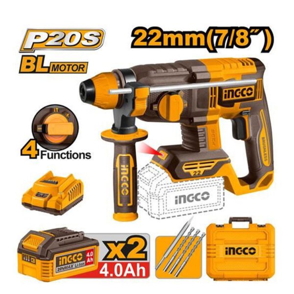 Marteau perforateur sans fil INGCO CRHLI212282 20V 22mm avec 4 modes de fonctionnement et système SDS-Plus pour béton et maçonnerie.