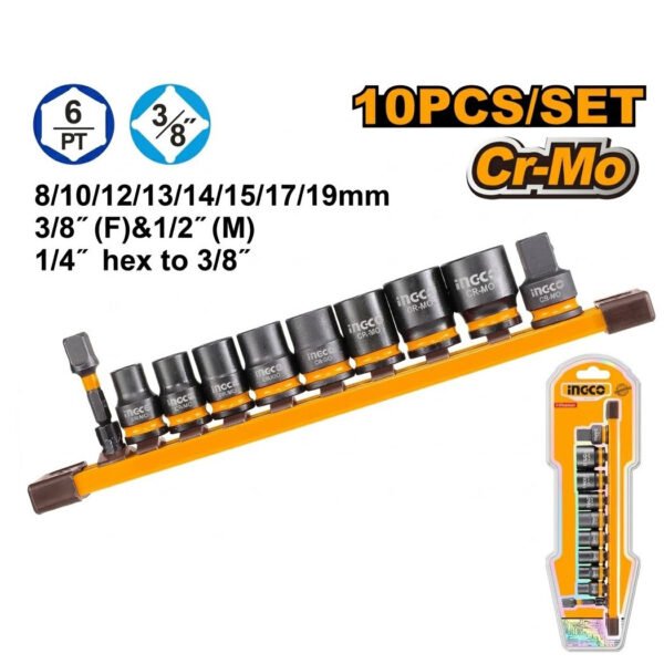 Jeu de 10 douilles à chocs 3/8″ robustes INGCO pour travaux mécaniques intensifs.